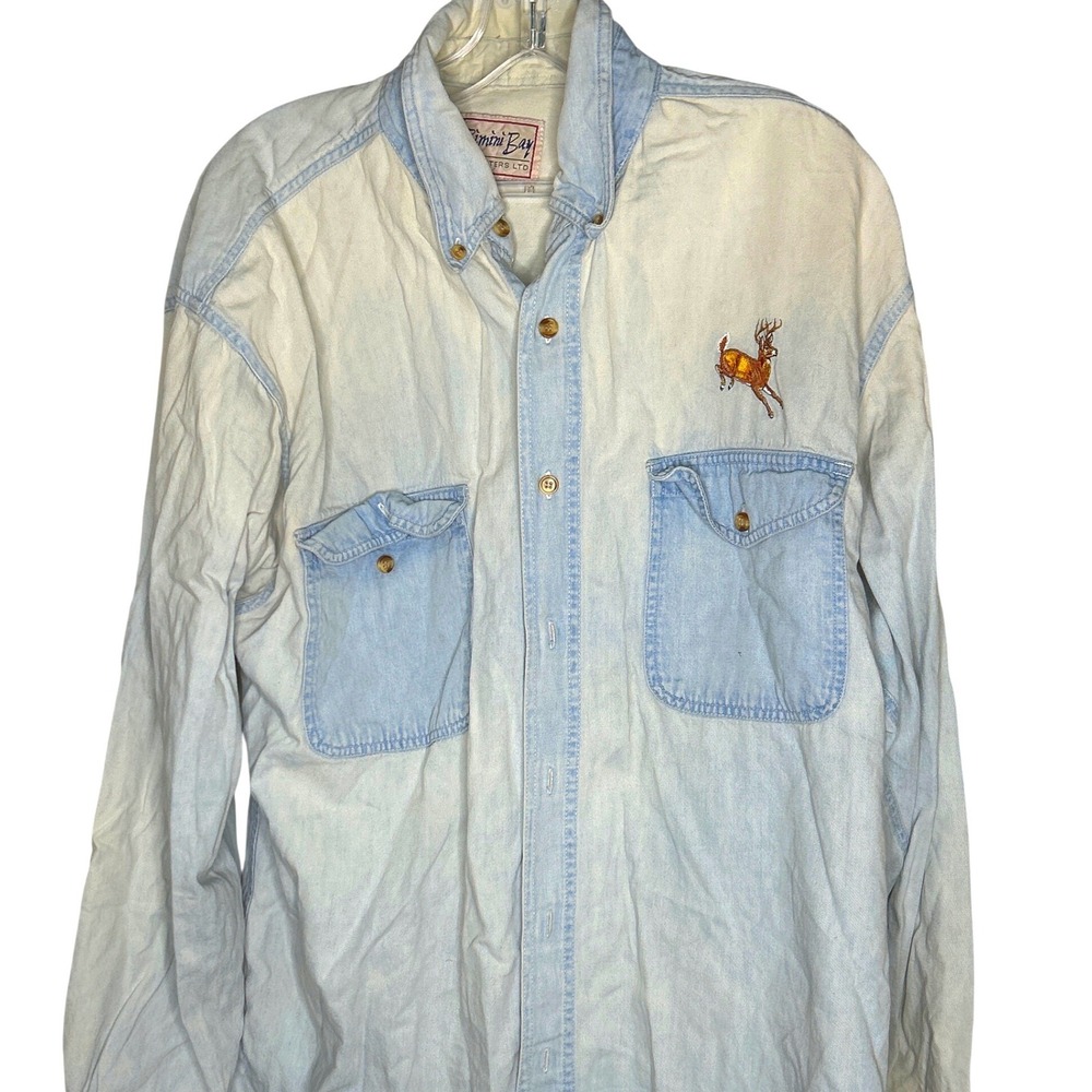 Bimini Bay VTG LARGE Outfitters Mens Denim Shirt Light Wash Deer Embroidery‎